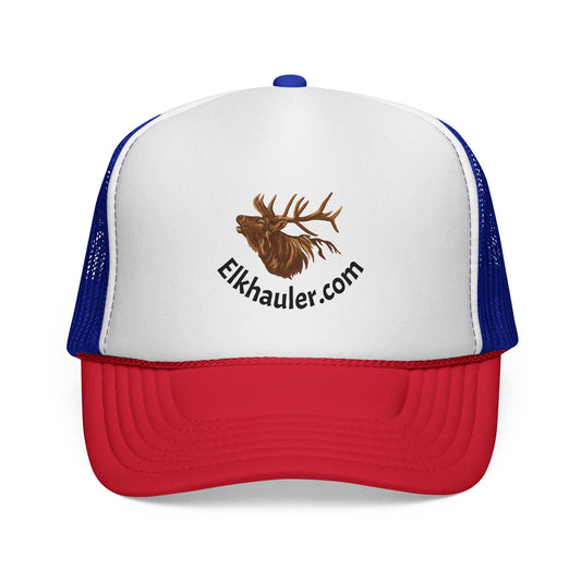 ElkHauler.com Trucker Cap — Retro Red, White & Blue Mesh Hat with Elk Head Logo