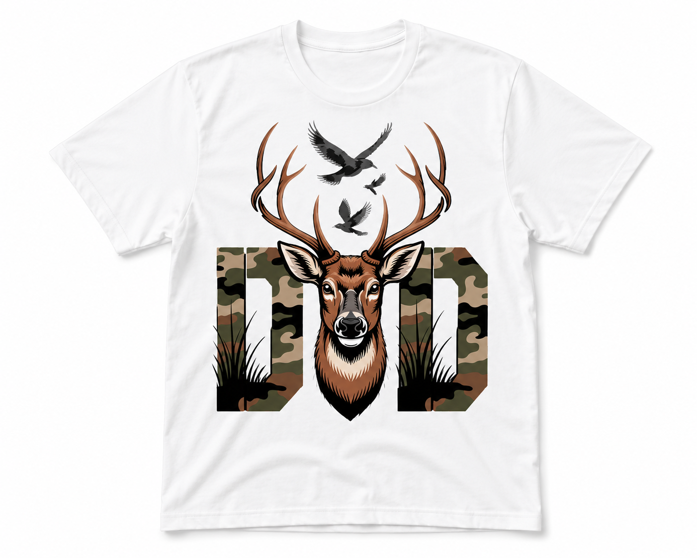 White t-shirt with a deer graphic and 'Dad' text on a white background