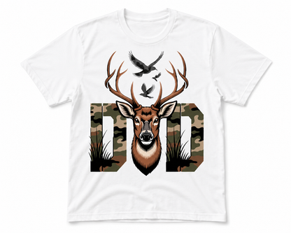 White t-shirt with a deer graphic and 'Dad' text on a white background