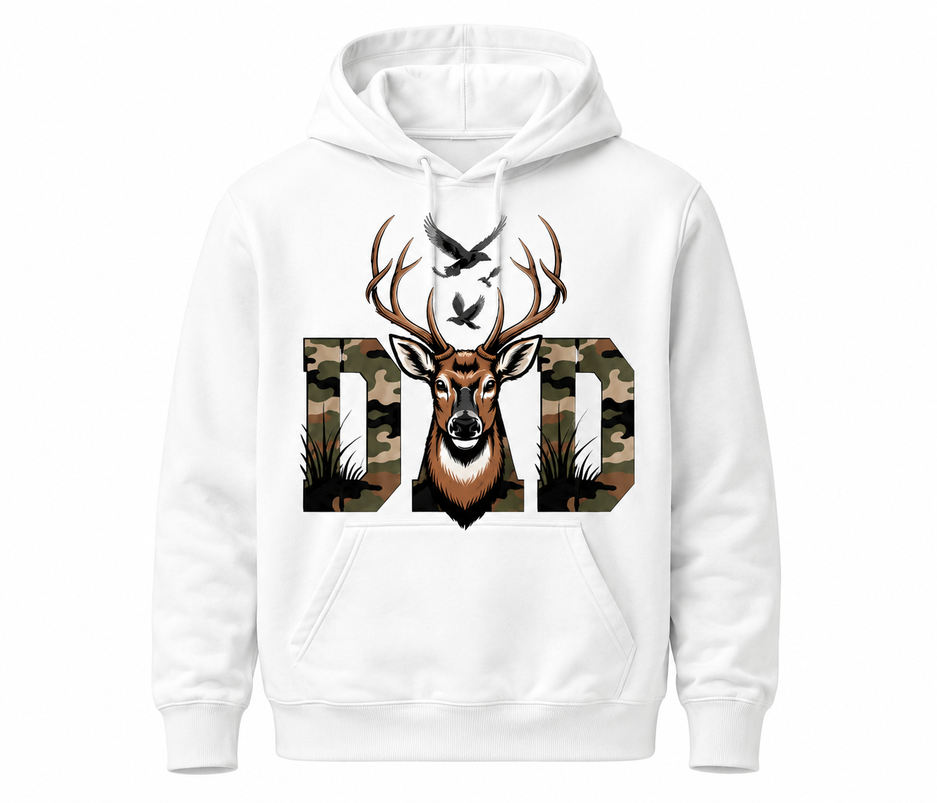 White hoodie with a deer design and 'DAD' text on a white background