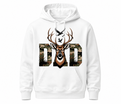 White hoodie with a deer design and 'DAD' text on a white background