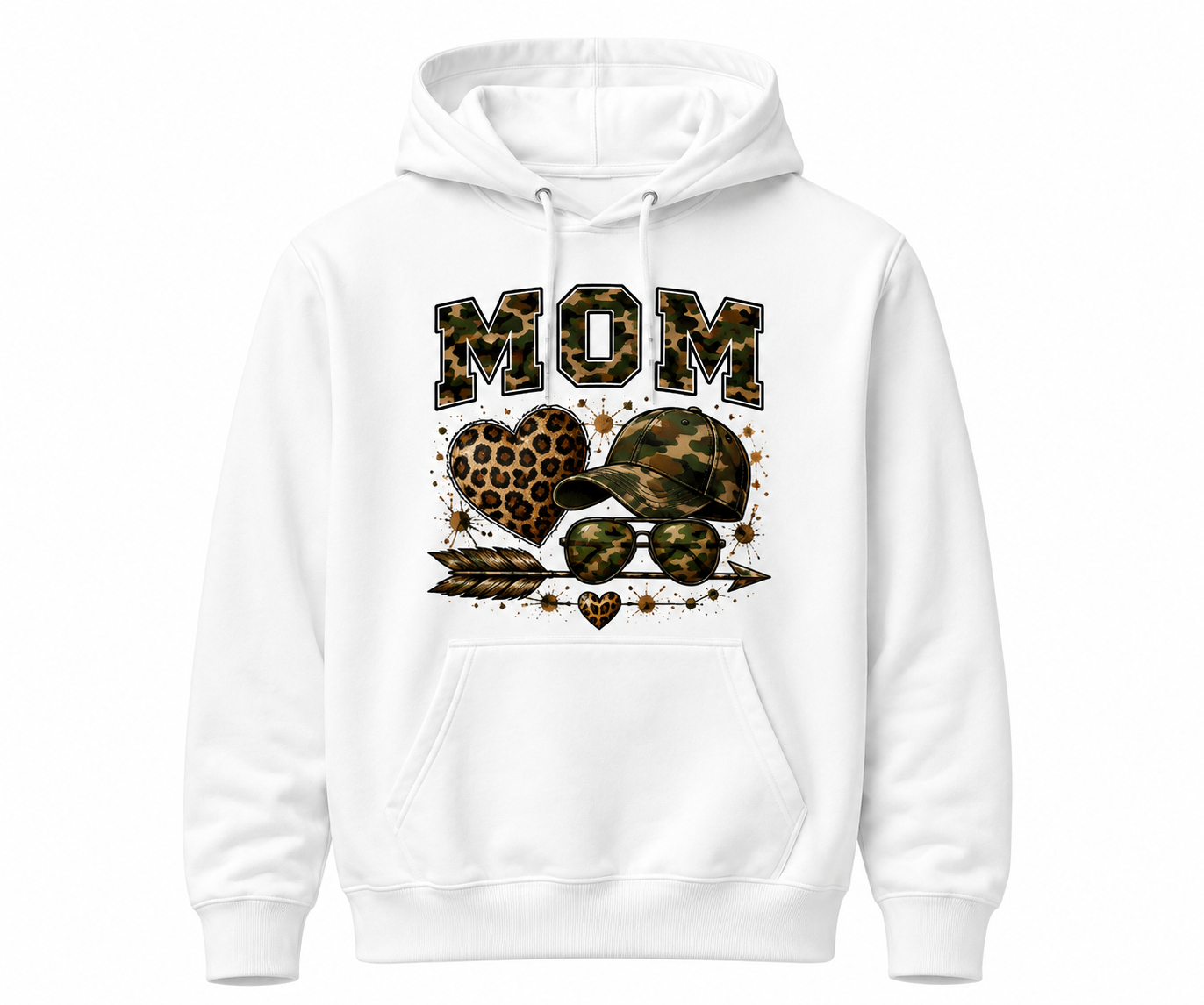 White hoodie with leopard print design featuring the word 'MOM' on a white background