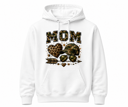 White hoodie with leopard print design featuring the word 'MOM' on a white background