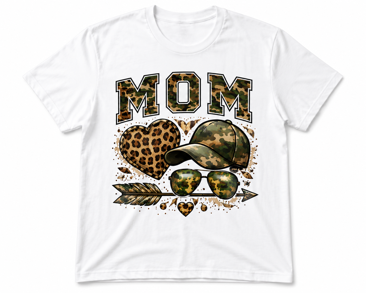 White t-shirt with 'MOM' in leopard print and camouflage design on a white background