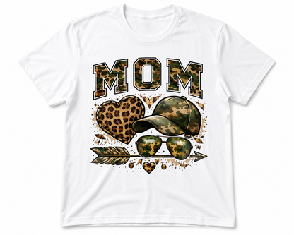 White t-shirt with 'MOM' in leopard print and camouflage design on a white background